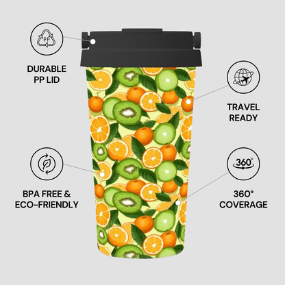 Tumbler with fruit pattern and feature icons on a gray background