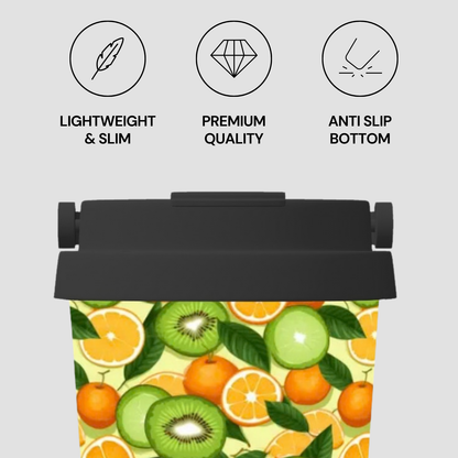Black clipboard with fruit pattern on a light gray background