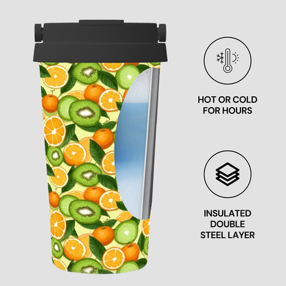Insulated tumbler with fruit pattern on a white background