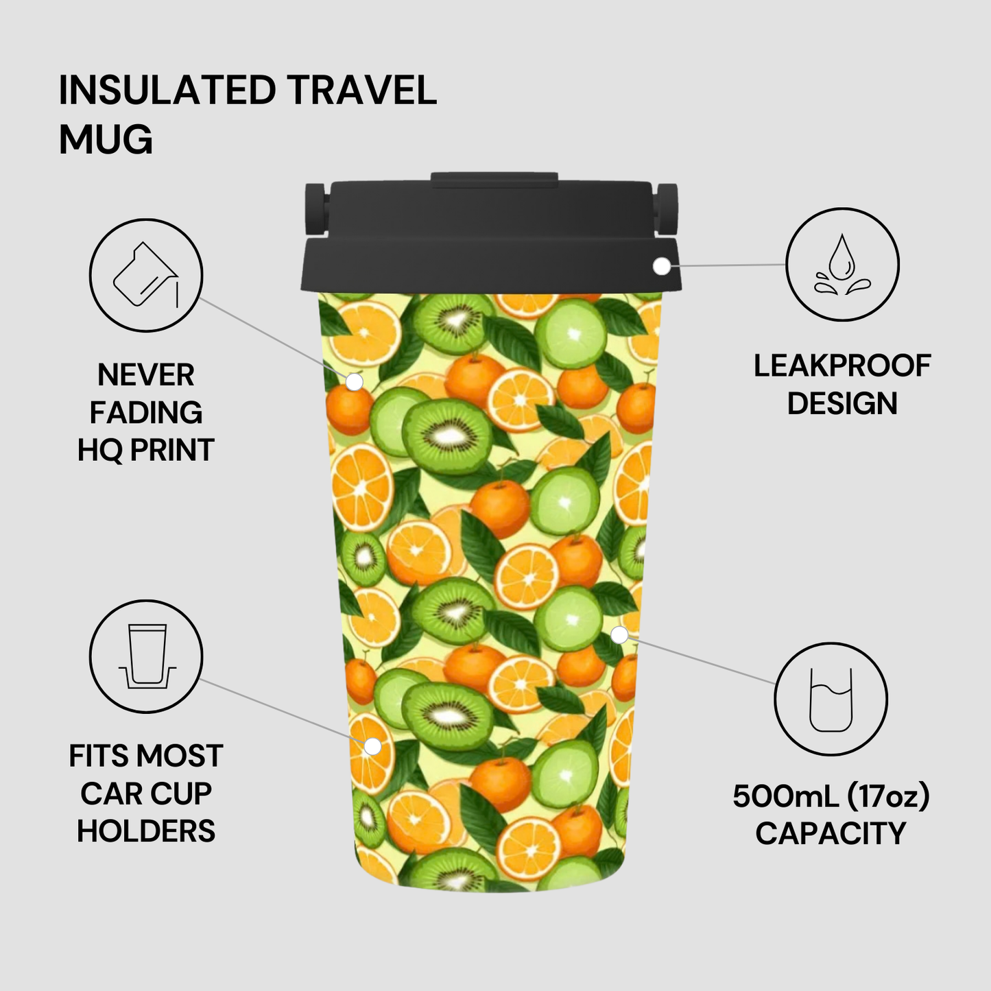 Insulated travel mug with fruit pattern on a gray background