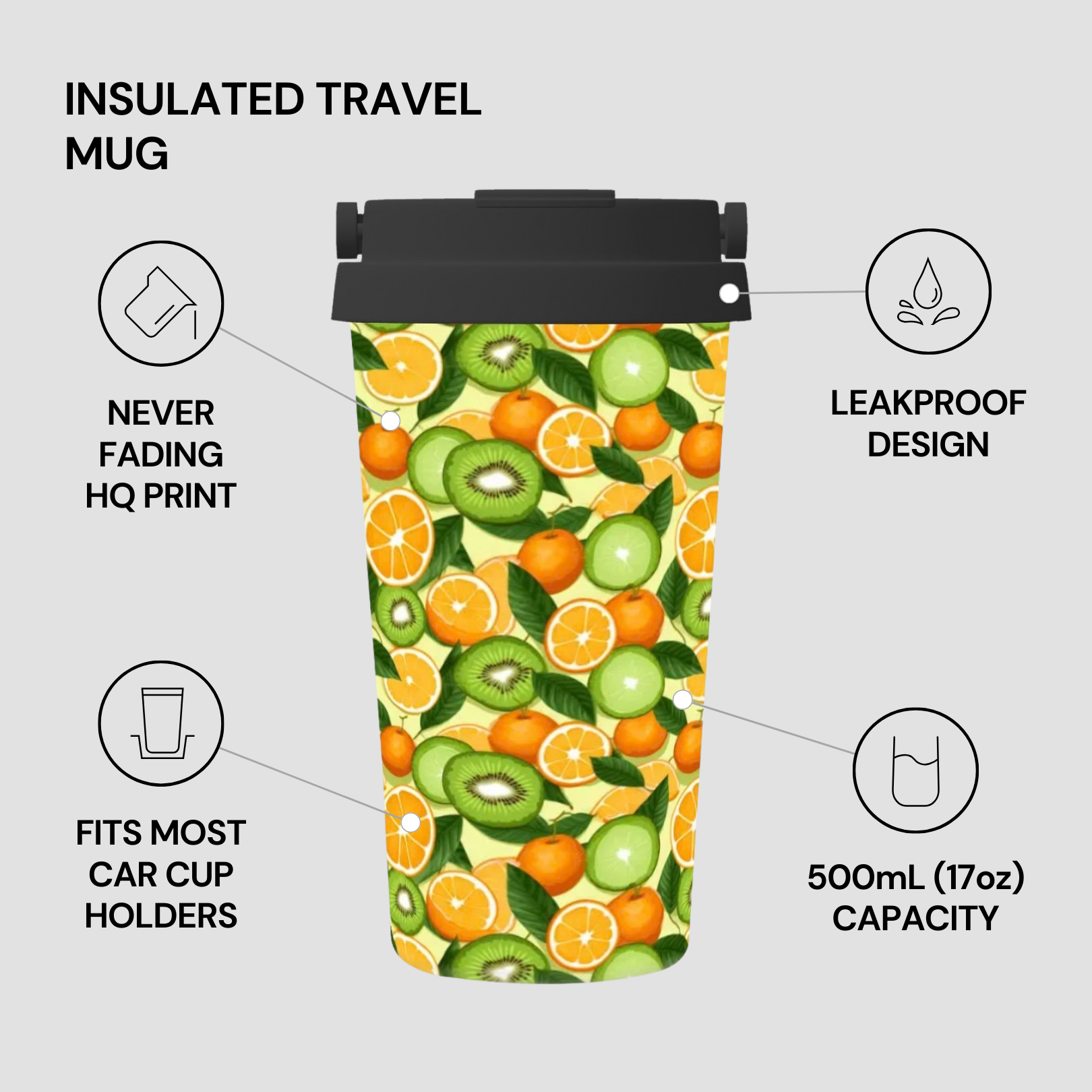 Insulated travel mug with fruit pattern on a gray background