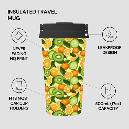 Insulated travel mug with fruit pattern on a gray background