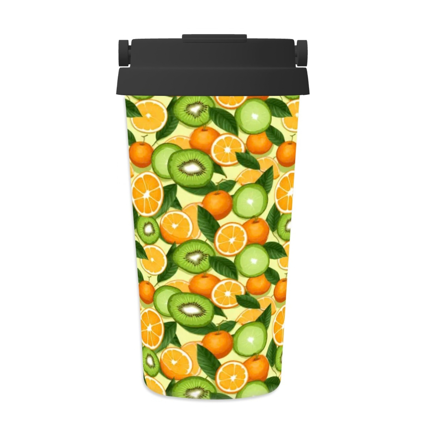 Reusable water bottle with a colorful fruit pattern on a white background