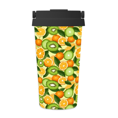 Reusable water bottle with a colorful fruit pattern on a white background