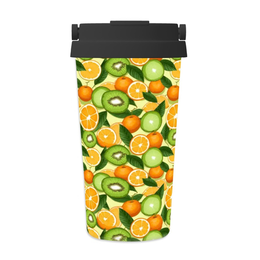 Reusable water bottle with a colorful fruit pattern on a white background