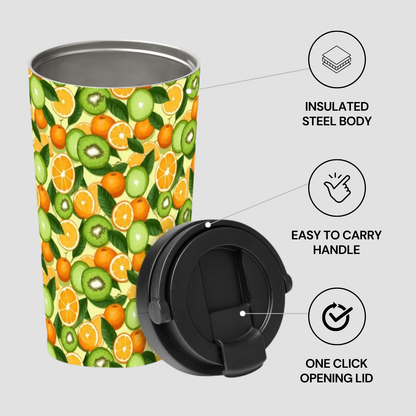 Tumbler with fruit pattern and features highlighted on a white background