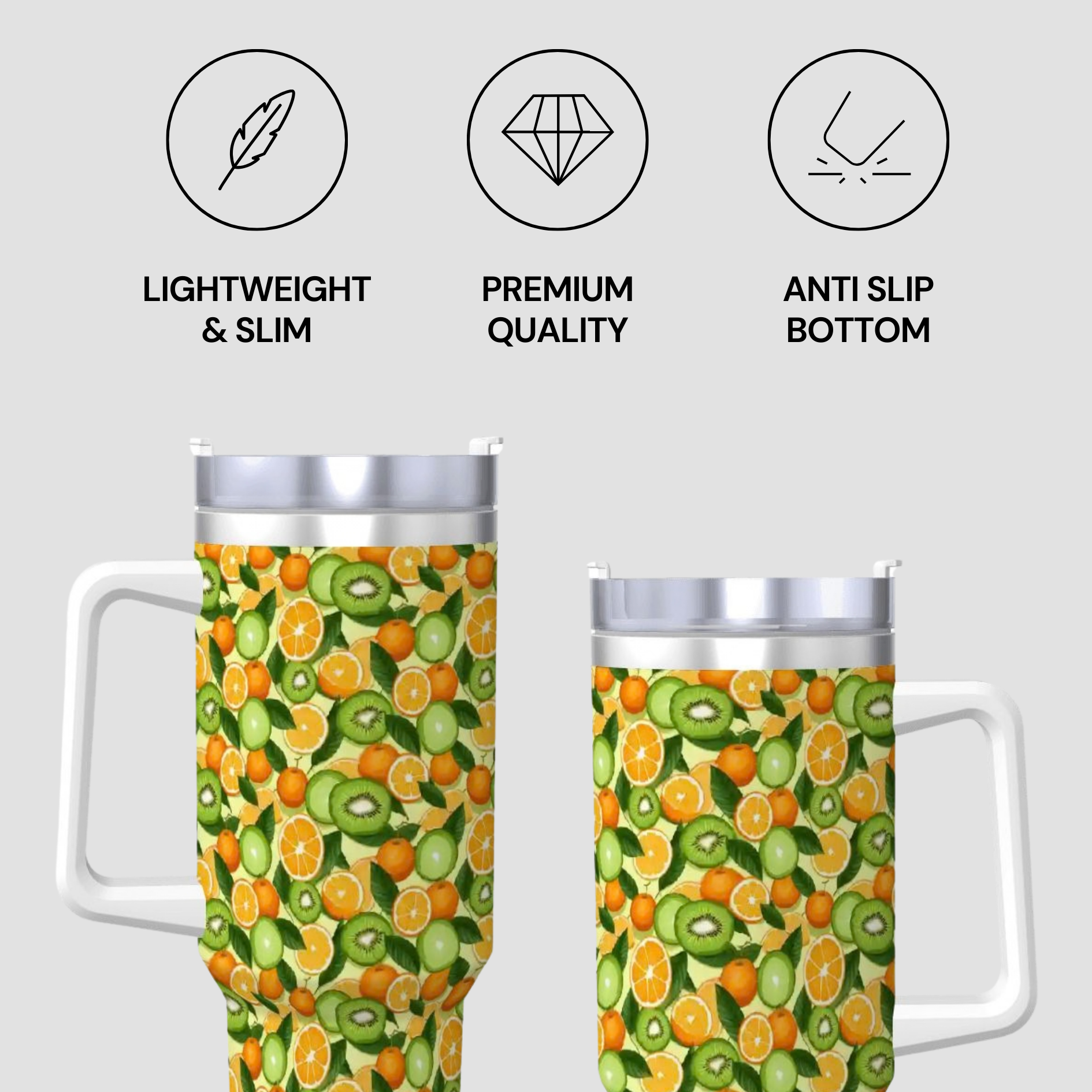 Two tumblers with a fruit pattern on a gray background, featuring icons and text about product features.