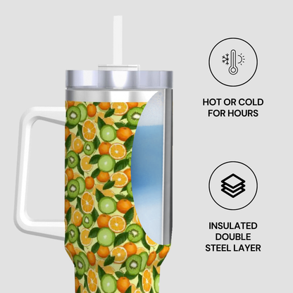 Tumbler with fruit pattern and insulated features on a white background