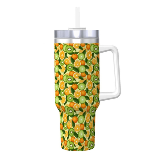 Tumbler with fruit pattern on a white background
