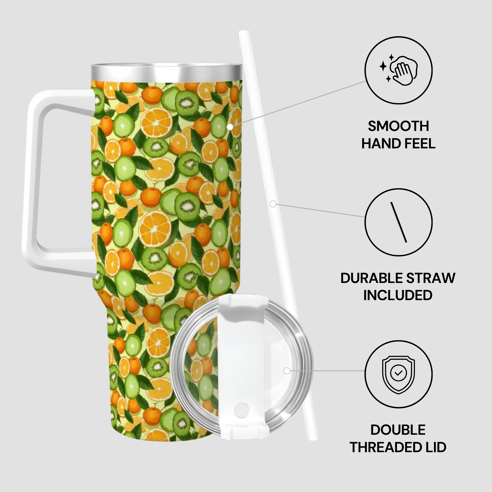 Tumbler with fruit pattern, smooth handle, durable straw, double-threaded lid on a light gray background.