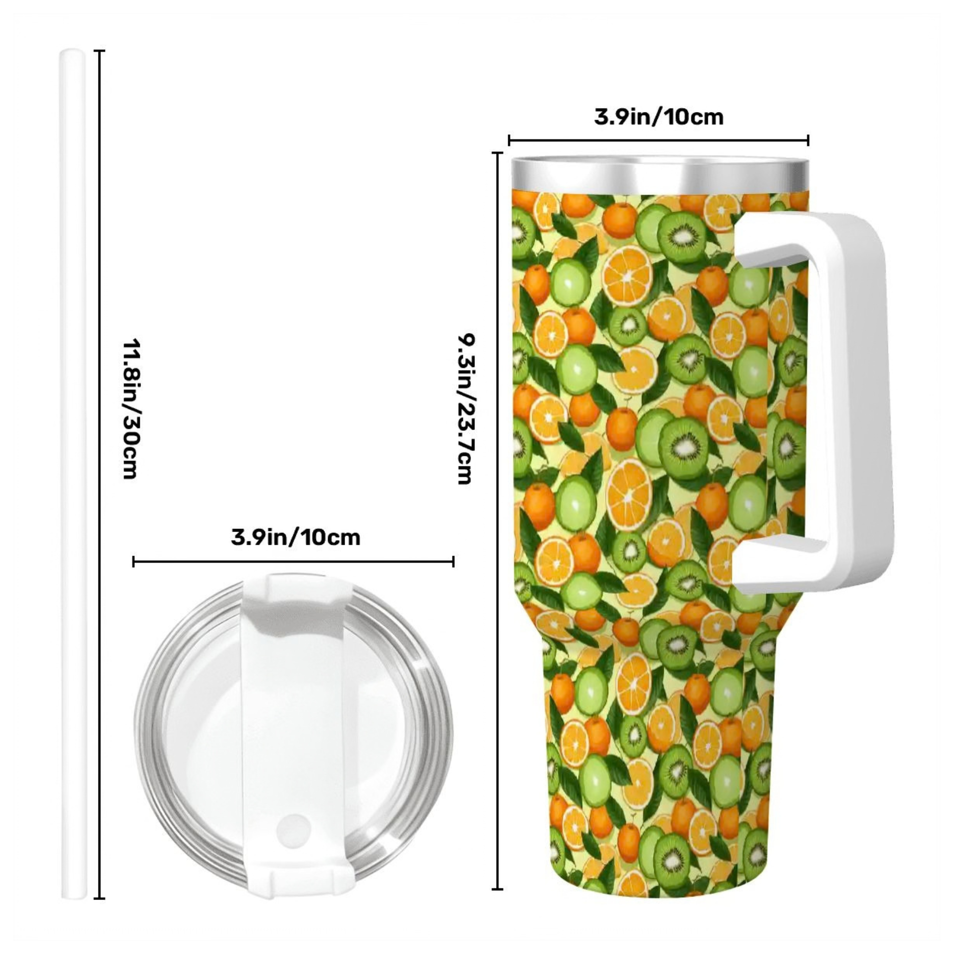 Tumbler with fruit pattern and measurements on a white background