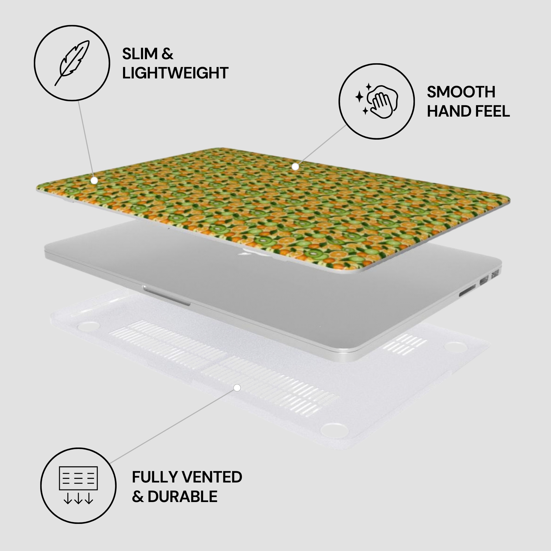 Laptop with a green and orange patterned skin, labeled as slim, lightweight, smooth hand feel, fully vented, and durable.