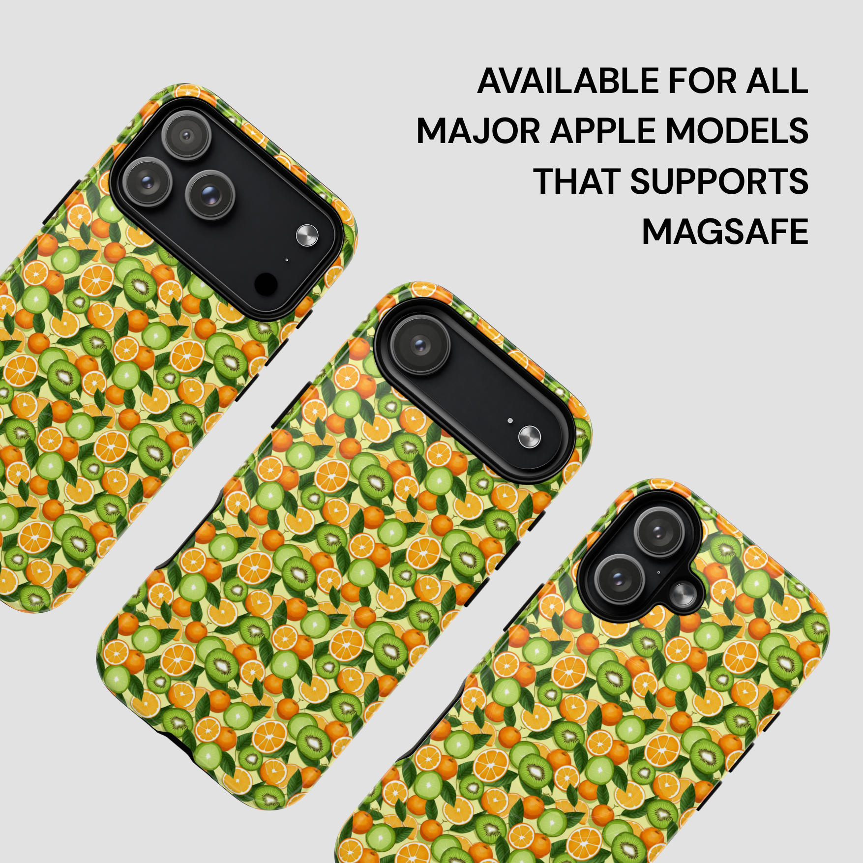 Phone cases with fruit pattern on a light gray background
