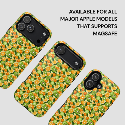Phone cases with fruit pattern on a light gray background
