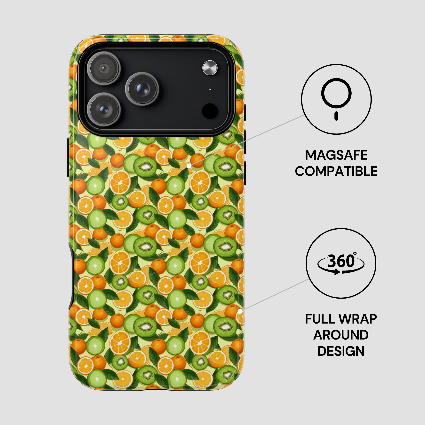 Phone case with fruit pattern and Magsafe compatibility on a light gray background