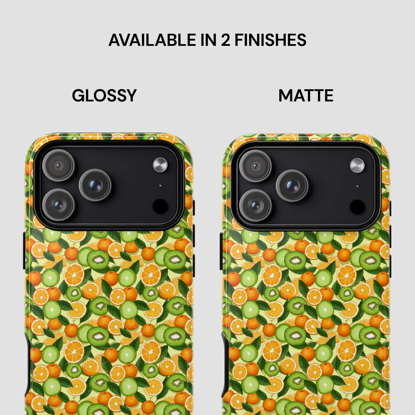 Two phone cases with fruit pattern, one glossy and one matte, on a white background.