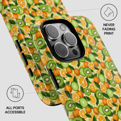 Phone case with a vibrant pattern of kiwis and oranges on a white background
