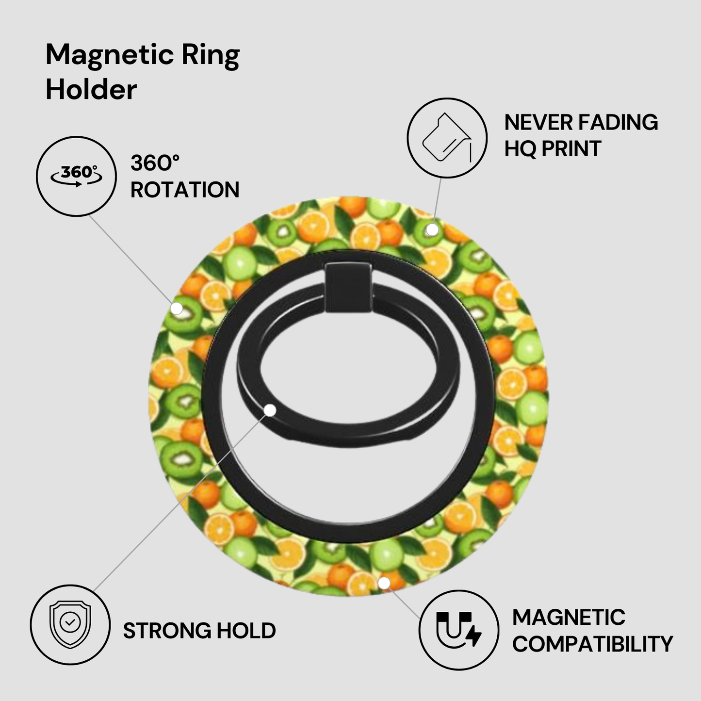 Magnetic ring holder with fruit pattern on a gray background
