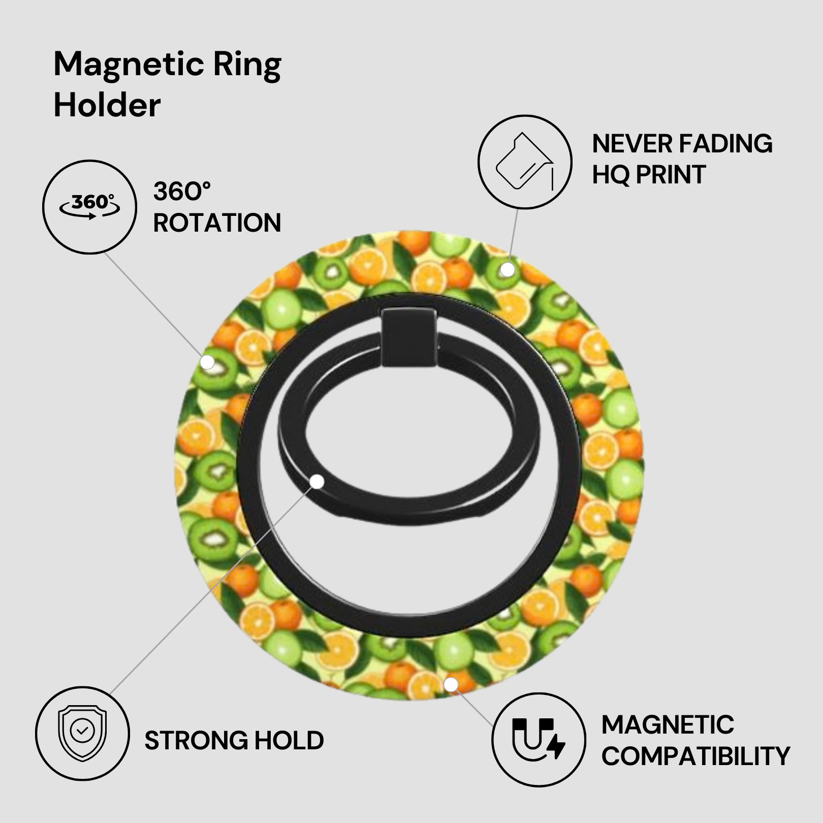 Magnetic ring holder with fruit pattern on a gray background