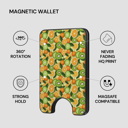 Citrus Grove Magnetic Wallet with feature callouts including strong hold, MagSafe compatible, and HQ print