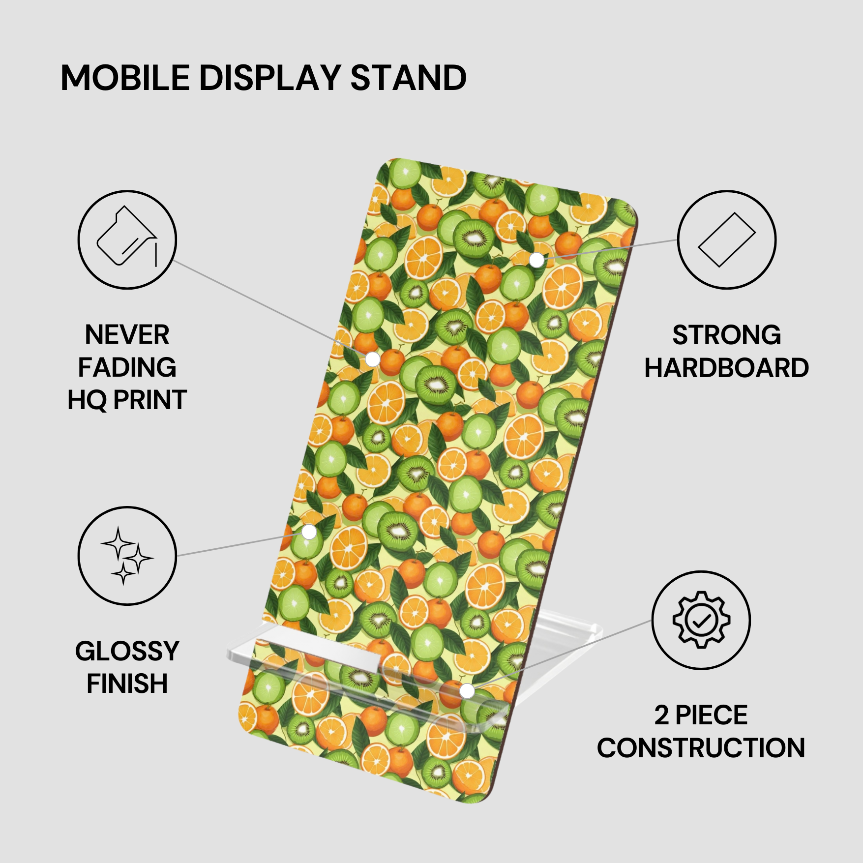 Mobile display stand with fruit pattern on a gray background