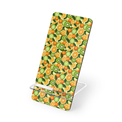 Phone stand with a colorful fruit pattern on a white background