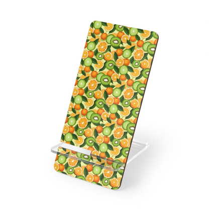 Phone stand with a colorful fruit pattern on a white background