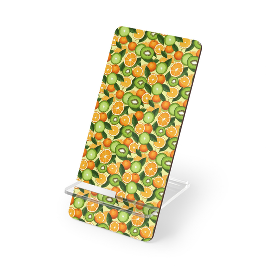 Phone stand with a colorful fruit pattern on a white background
