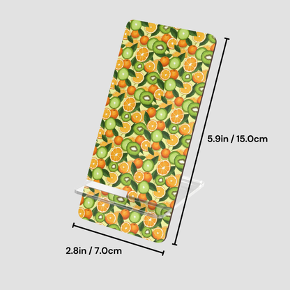 Small pouch with fruit pattern and dimensions on a light gray background