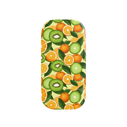 Phone case with a colorful fruit pattern on a white background