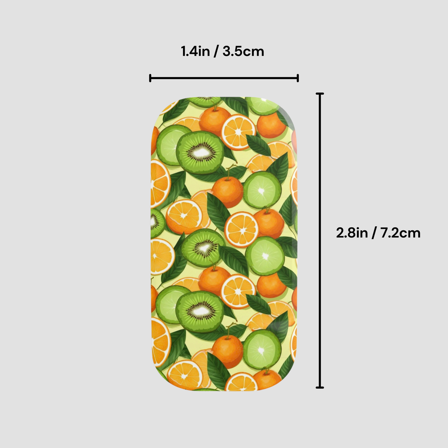 Phone case with fruit pattern and measurements on a light gray background