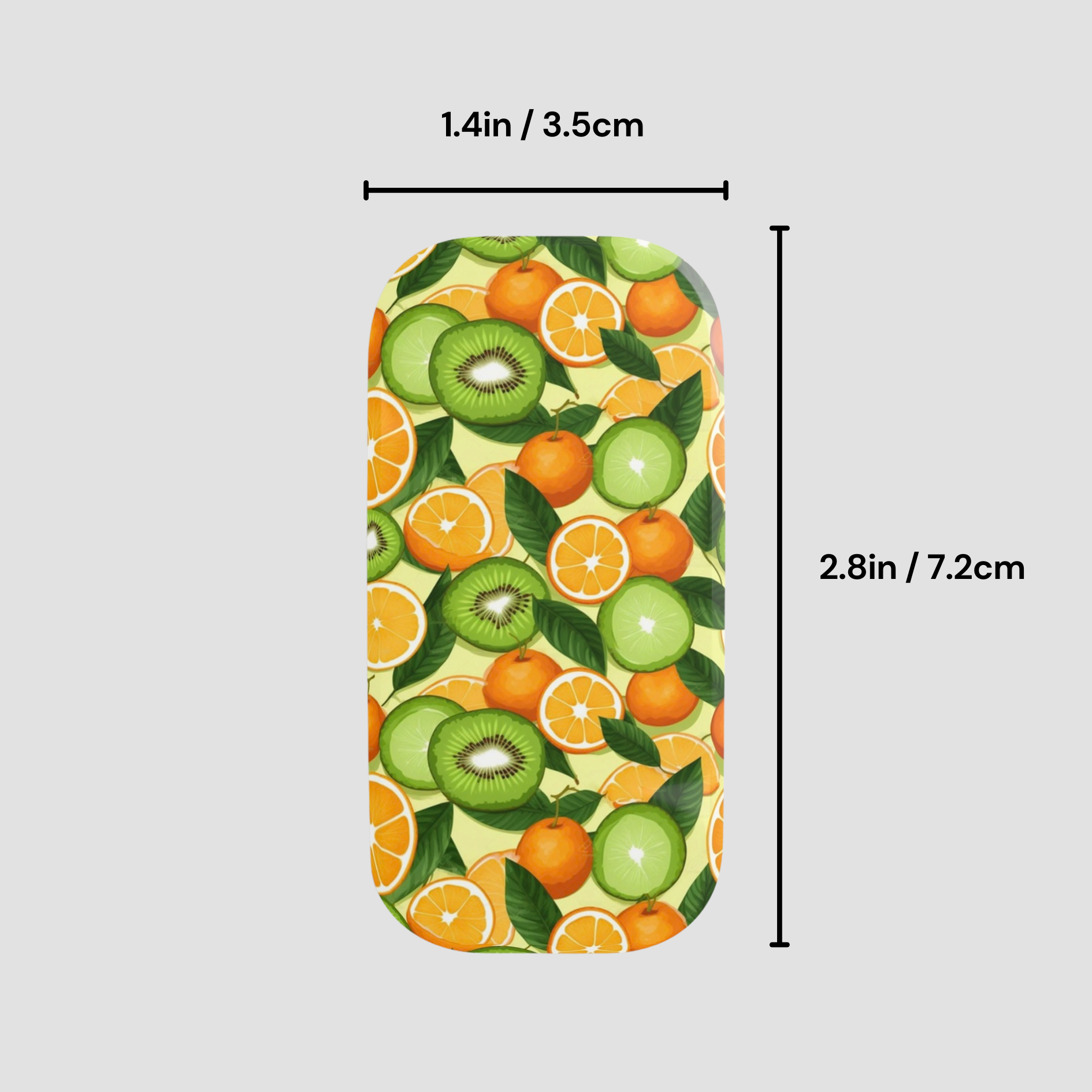 Phone case with fruit pattern and measurements on a light gray background