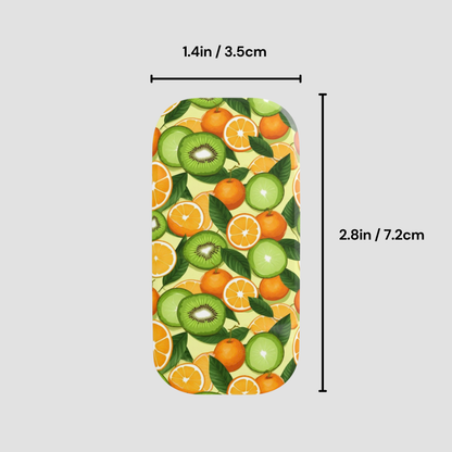 Phone case with fruit pattern and measurements on a light gray background