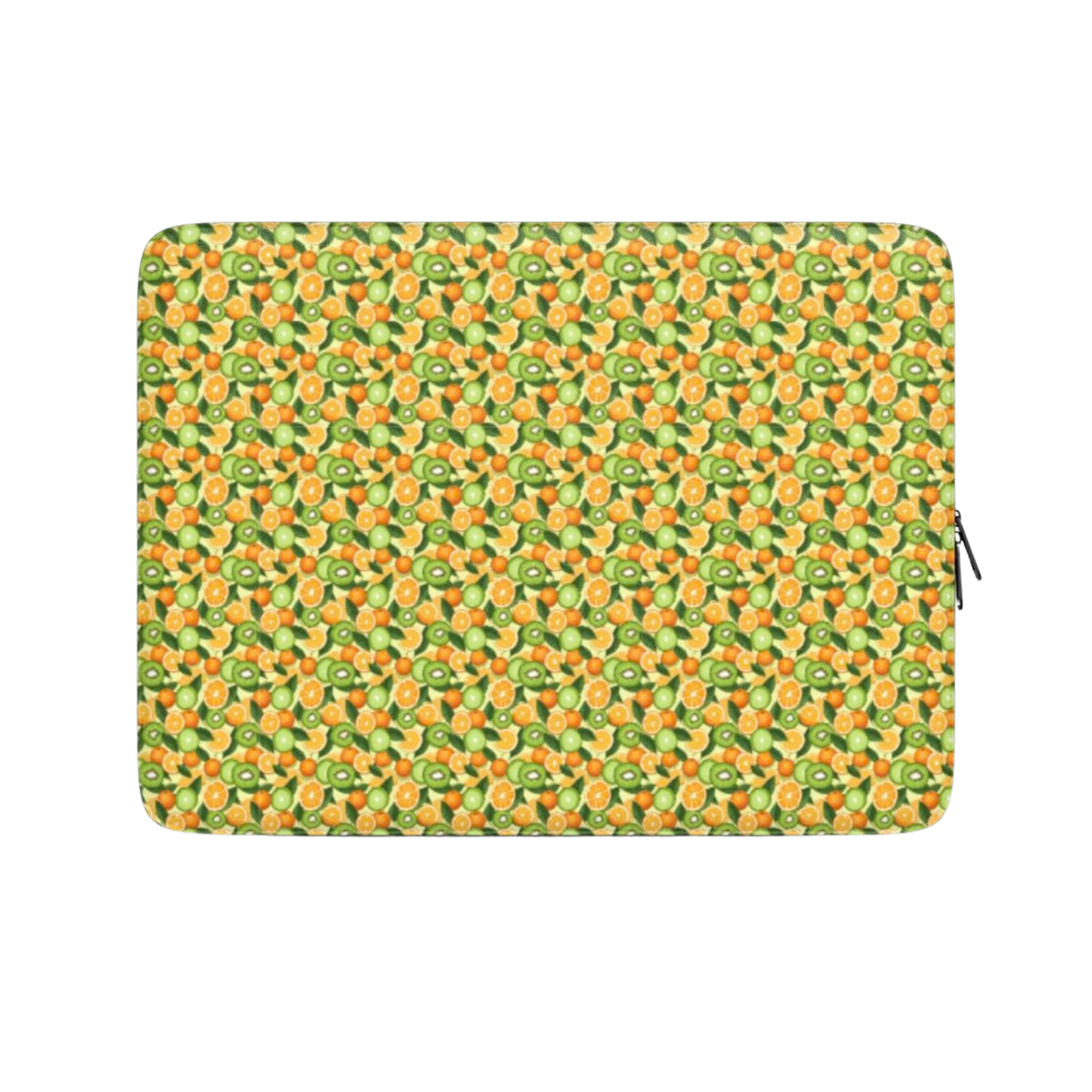 Laptop sleeve with green and orange pattern on a white background