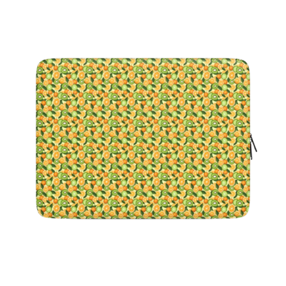 Laptop sleeve with green and orange pattern on a white background