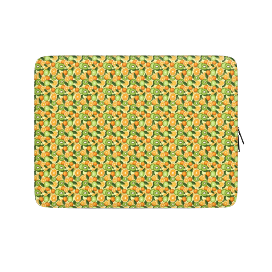 Laptop sleeve with green and orange pattern on a white background
