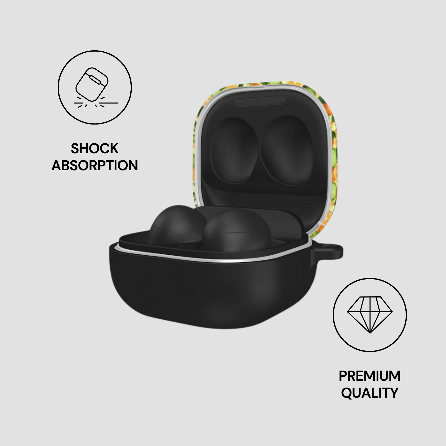 Black earbuds in a colorful case with 'Shock Absorption' and 'Premium Quality' icons on a light gray background.
