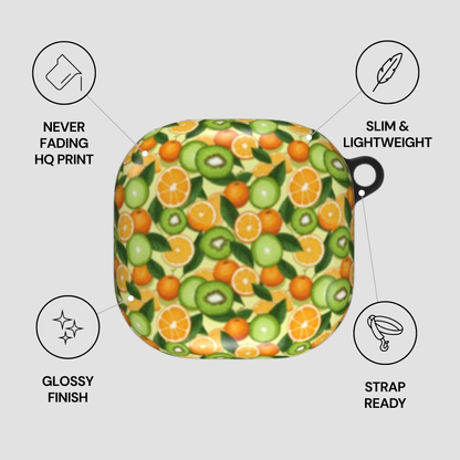 Product packaging with fruit pattern and feature icons on a gray background