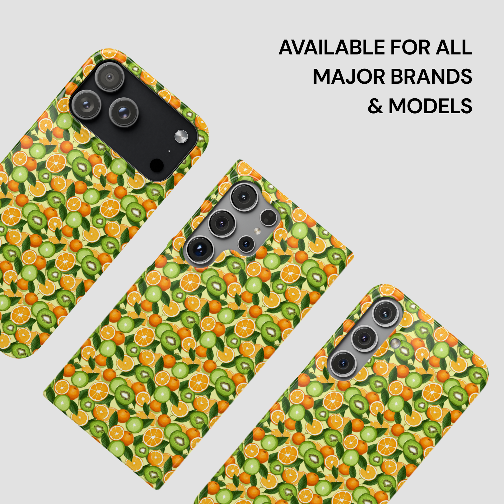 Phone case with fruit pattern on a gray background