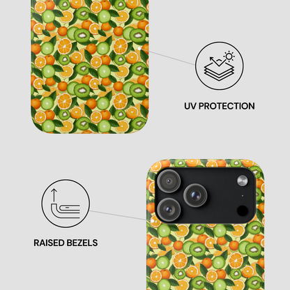 Phone case with fruit pattern and features highlighted on a white background