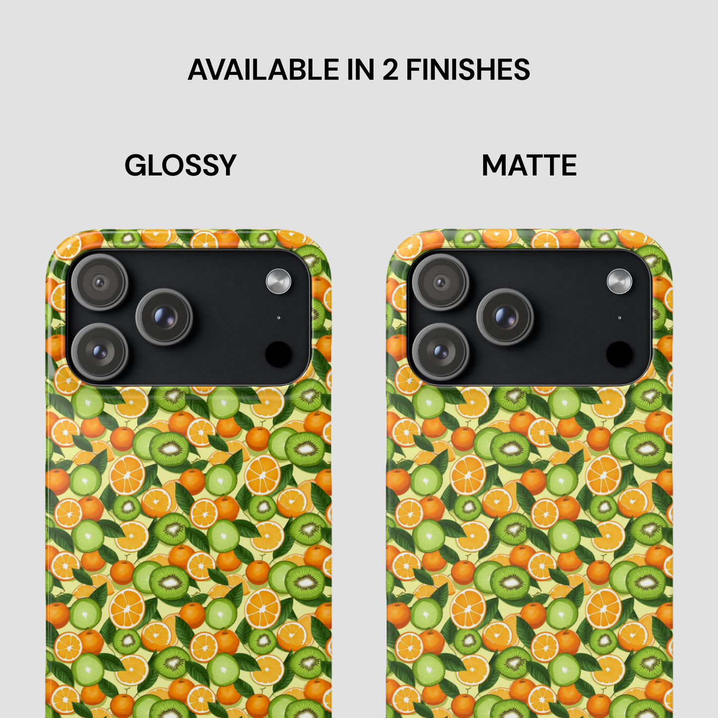Two phone cases with a fruit pattern, one glossy and one matte, on a white background.