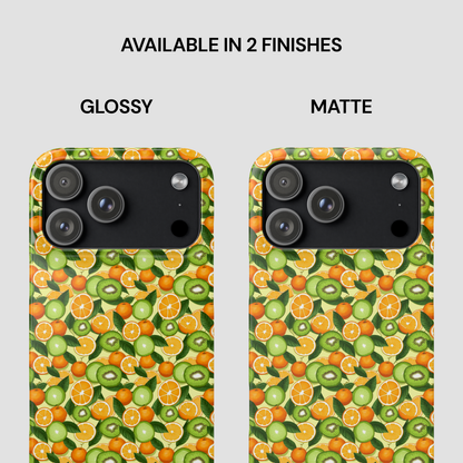 Two phone cases with a fruit pattern, one glossy and one matte, on a white background.