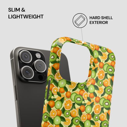 Phone case with fruit pattern and text indicating slim, lightweight, and hard shell exterior on a gray background