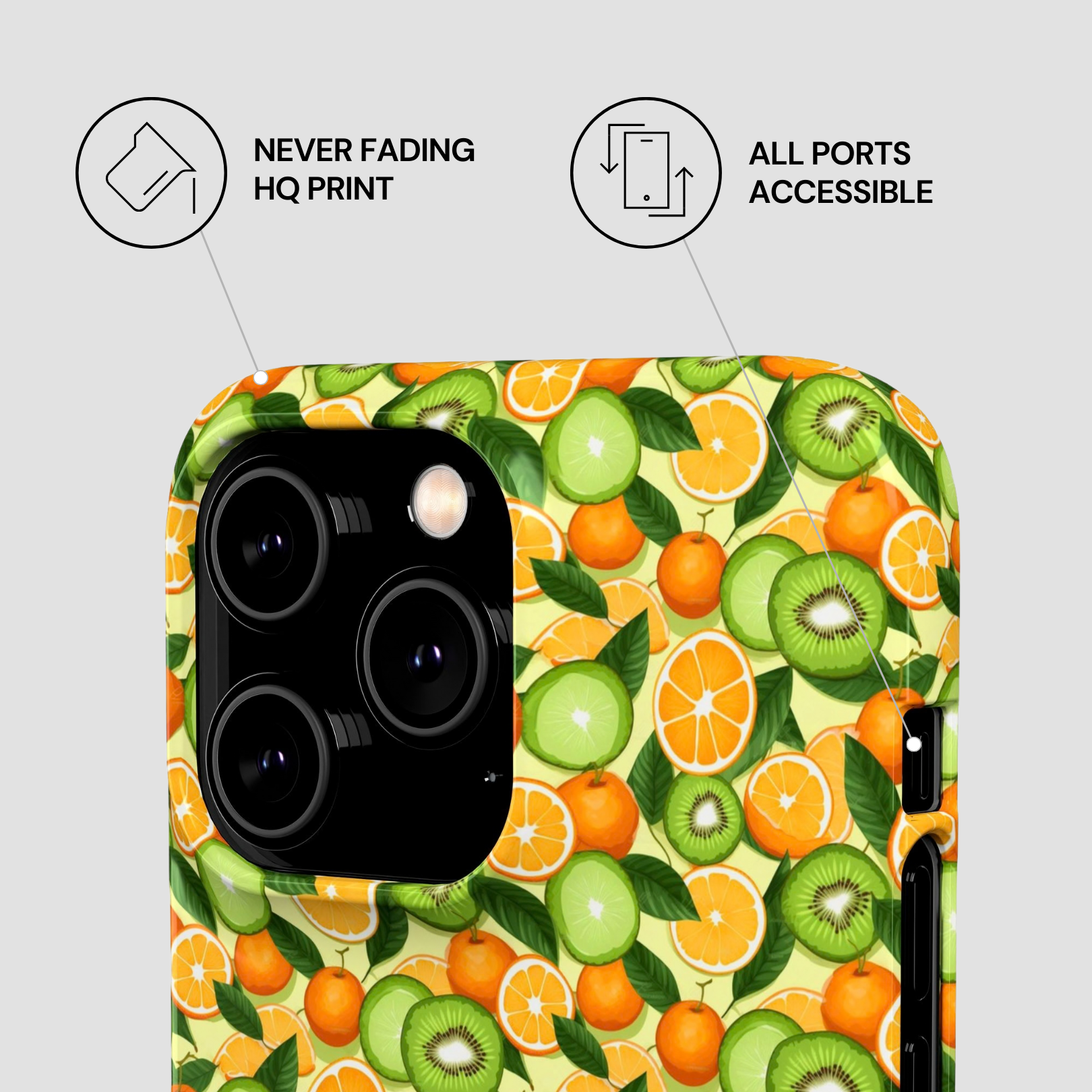 Phone case with fruit pattern on a light gray background