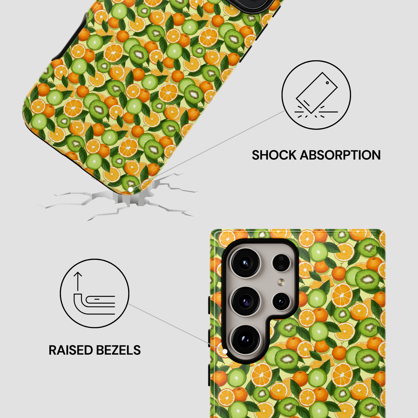 Phone case with fruit pattern and features highlighted on a white background