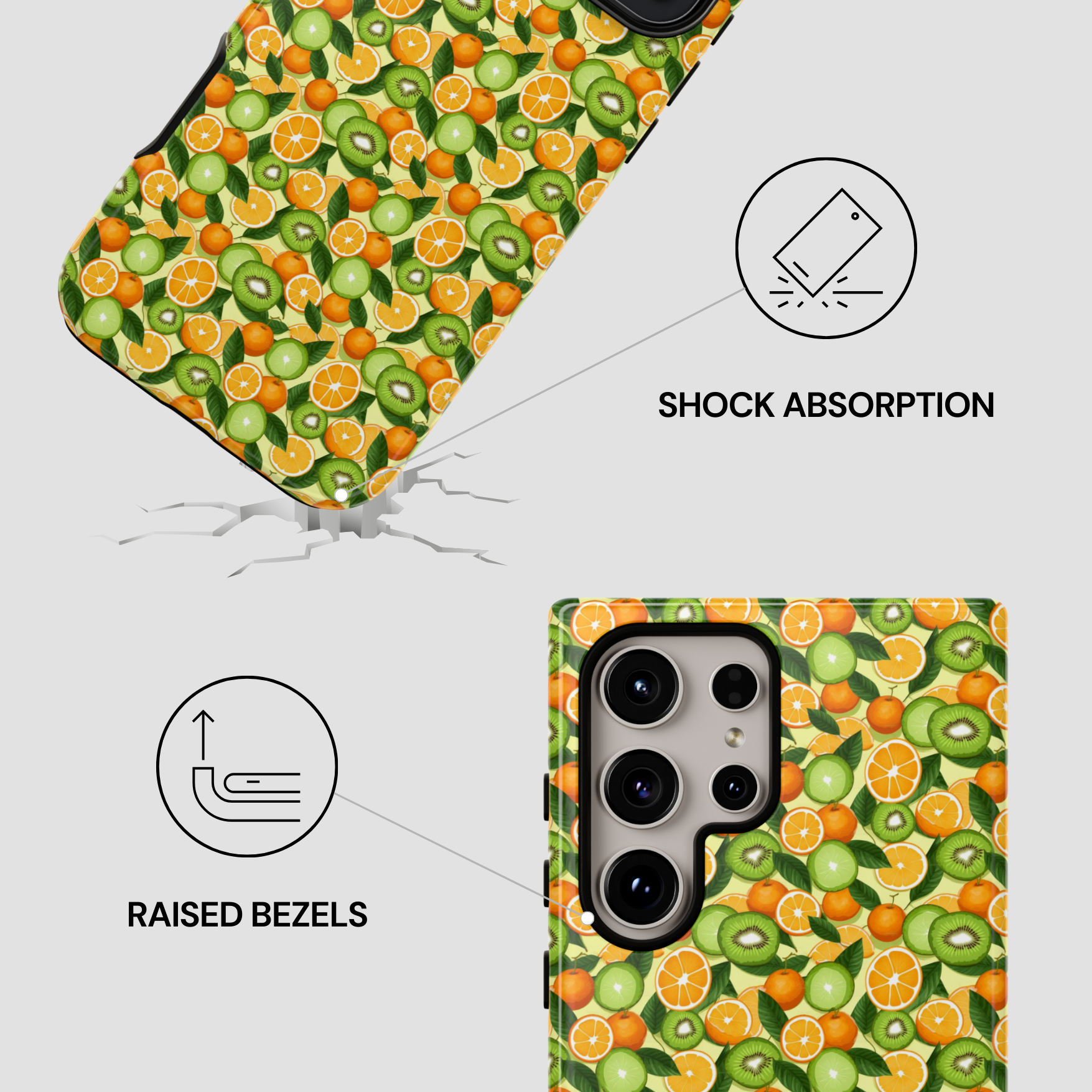 Phone case with fruit pattern and features highlighted on a white background