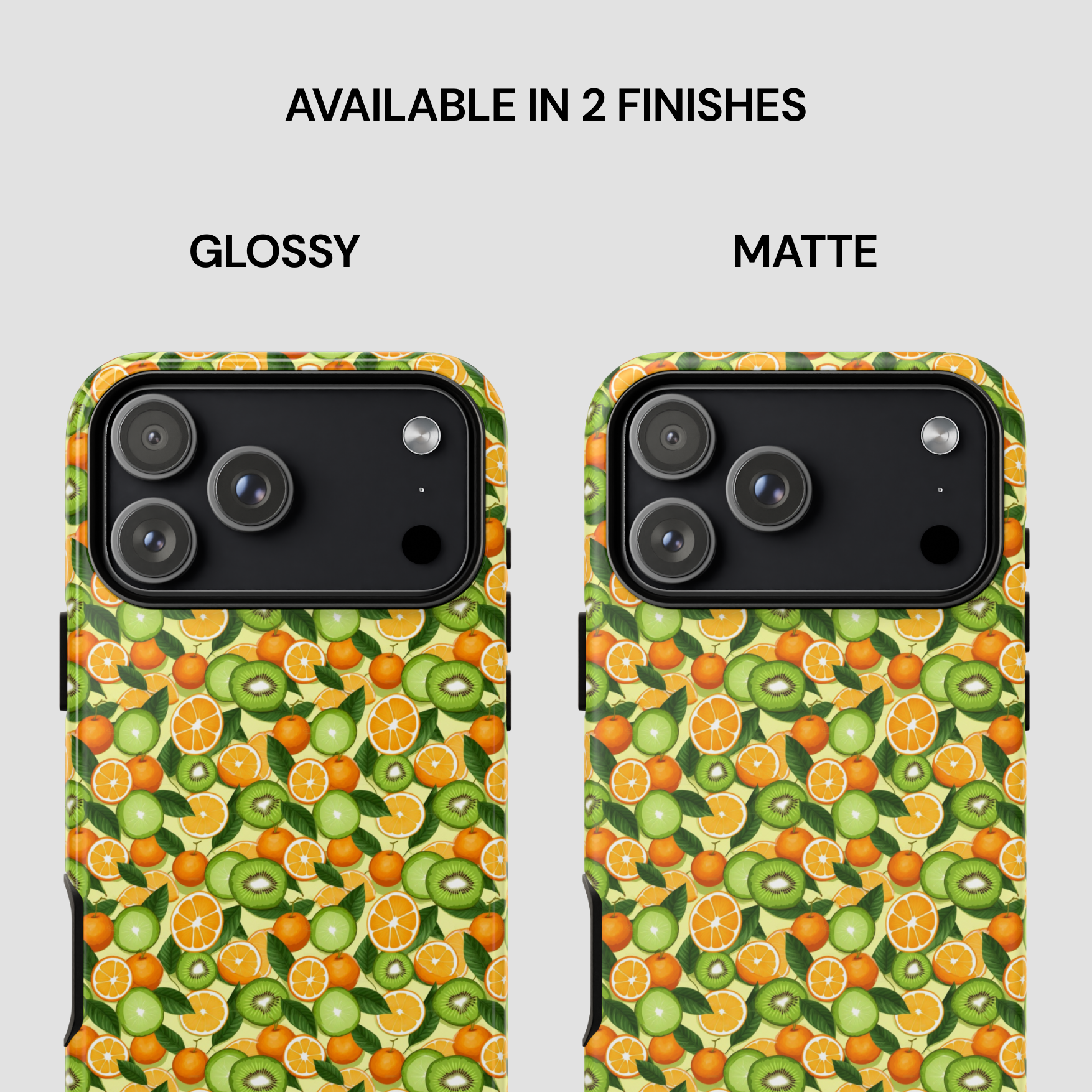 Phone case with fruit pattern in glossy and matte finishes on a white background