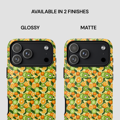 Phone case with fruit pattern in glossy and matte finishes on a white background
