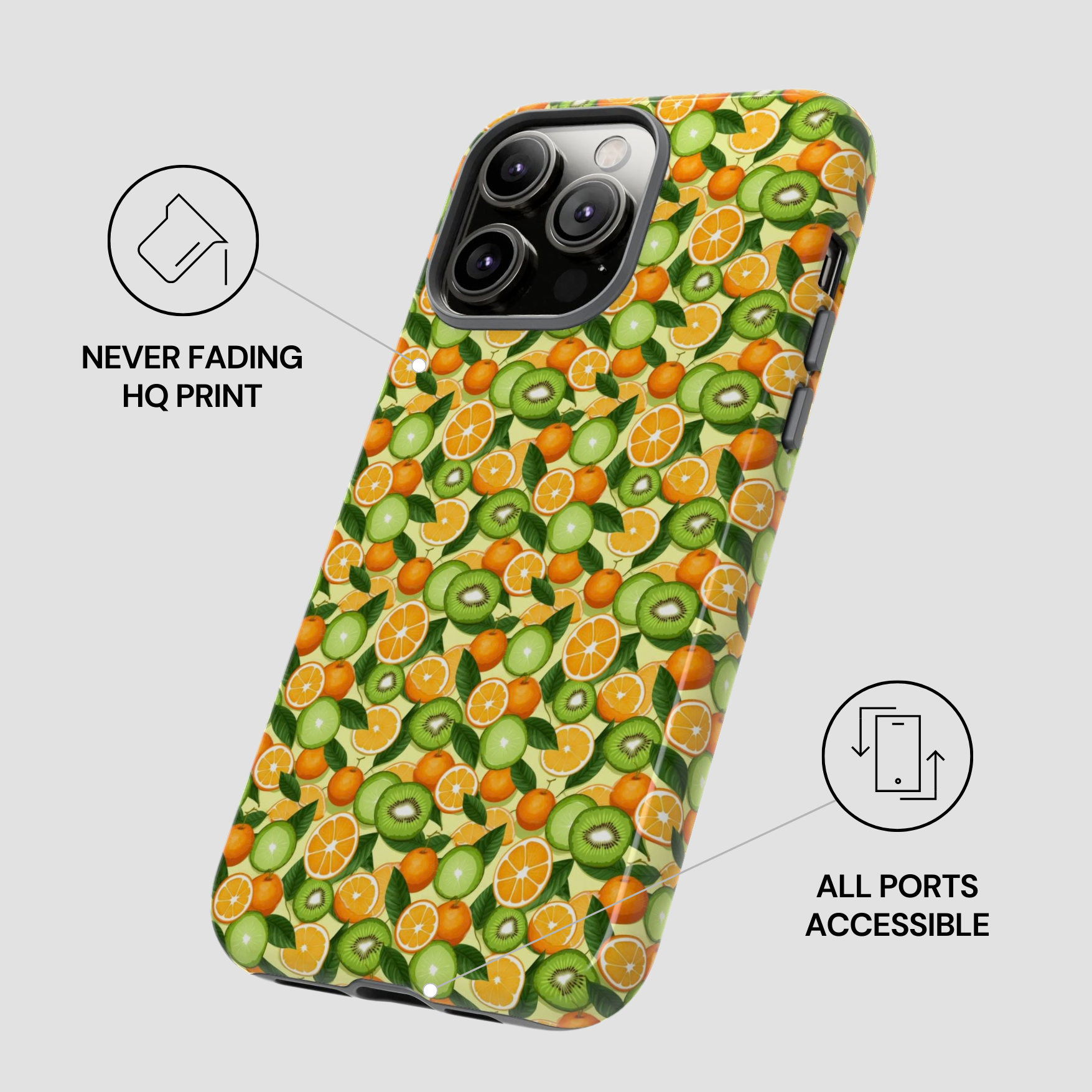 Phone case with a kiwi and orange pattern on a gray background