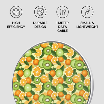 Product with fruit pattern and feature icons on a light gray background